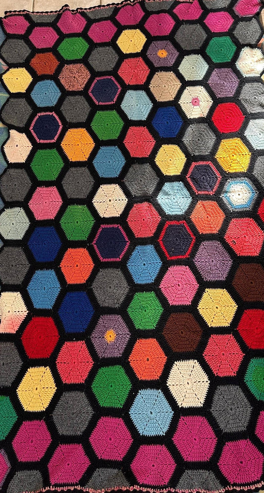 Vintage Crochet Afghan | Handmade Geometric Hexagon Throw Blanket