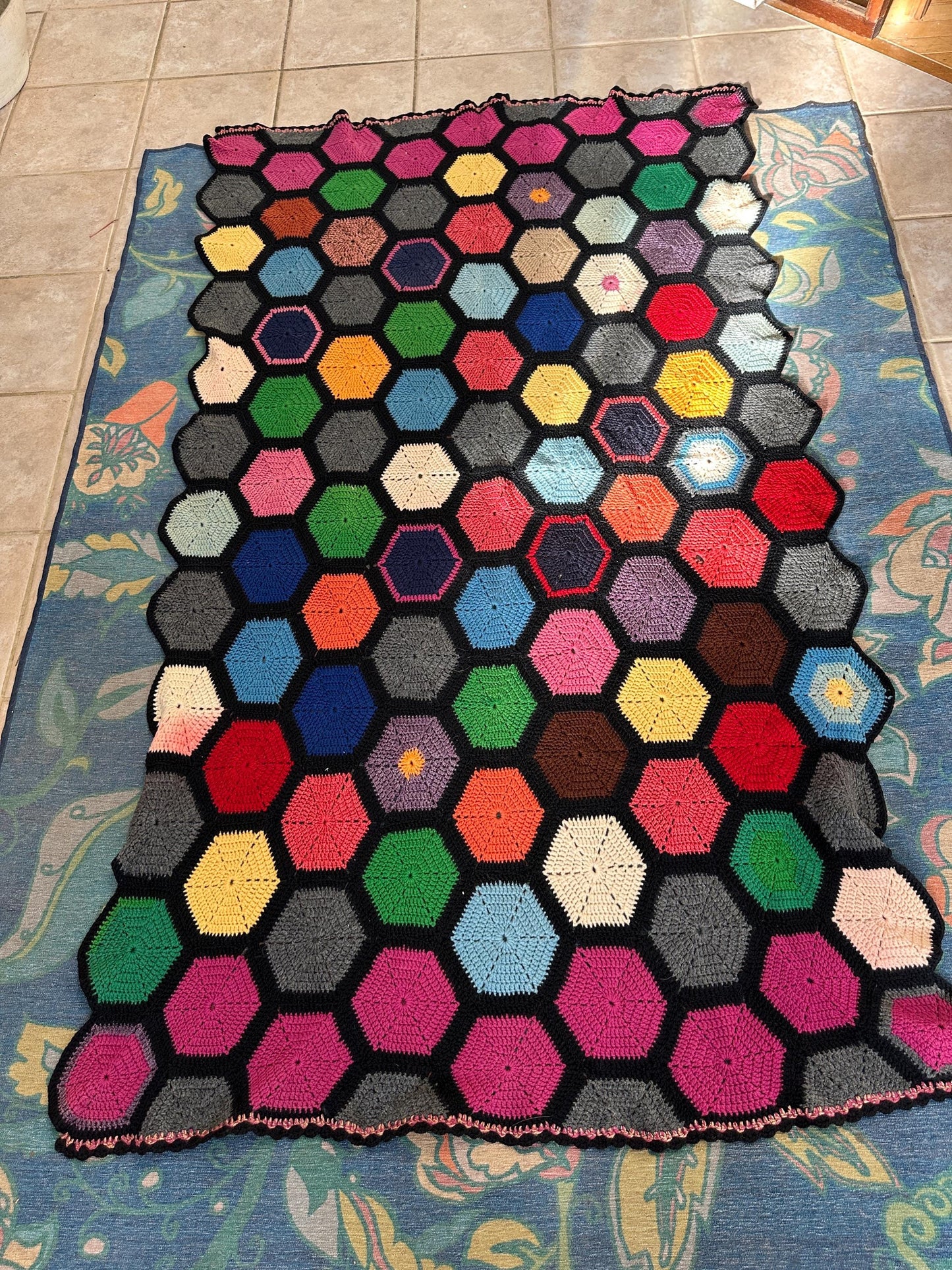 Vintage Crochet Afghan | Handmade Geometric Hexagon Throw Blanket