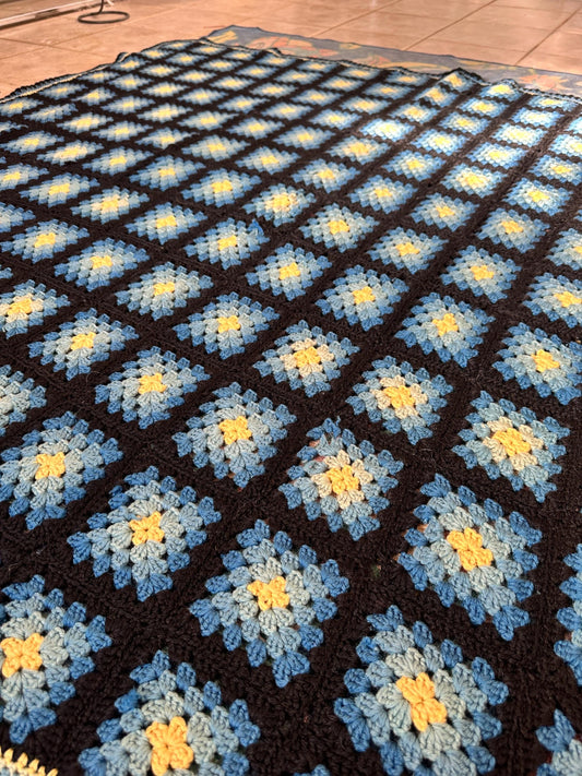 Vintage Granny Square Afghan, 1960s Crochet Throw, 78x64