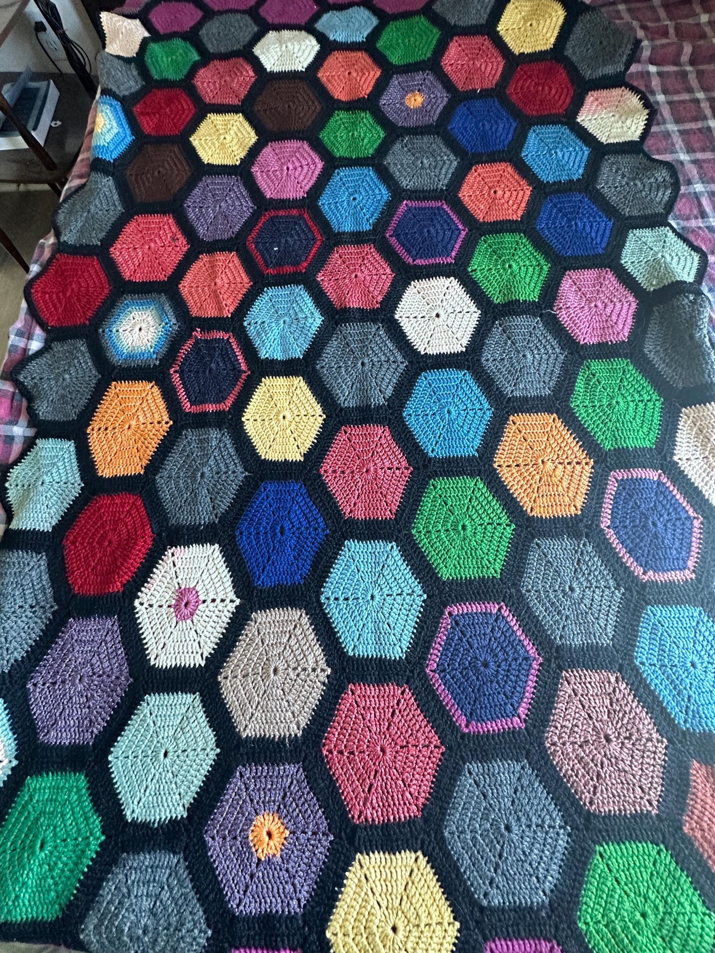 Vintage Crochet Afghan | Handmade Geometric Hexagon Throw Blanket