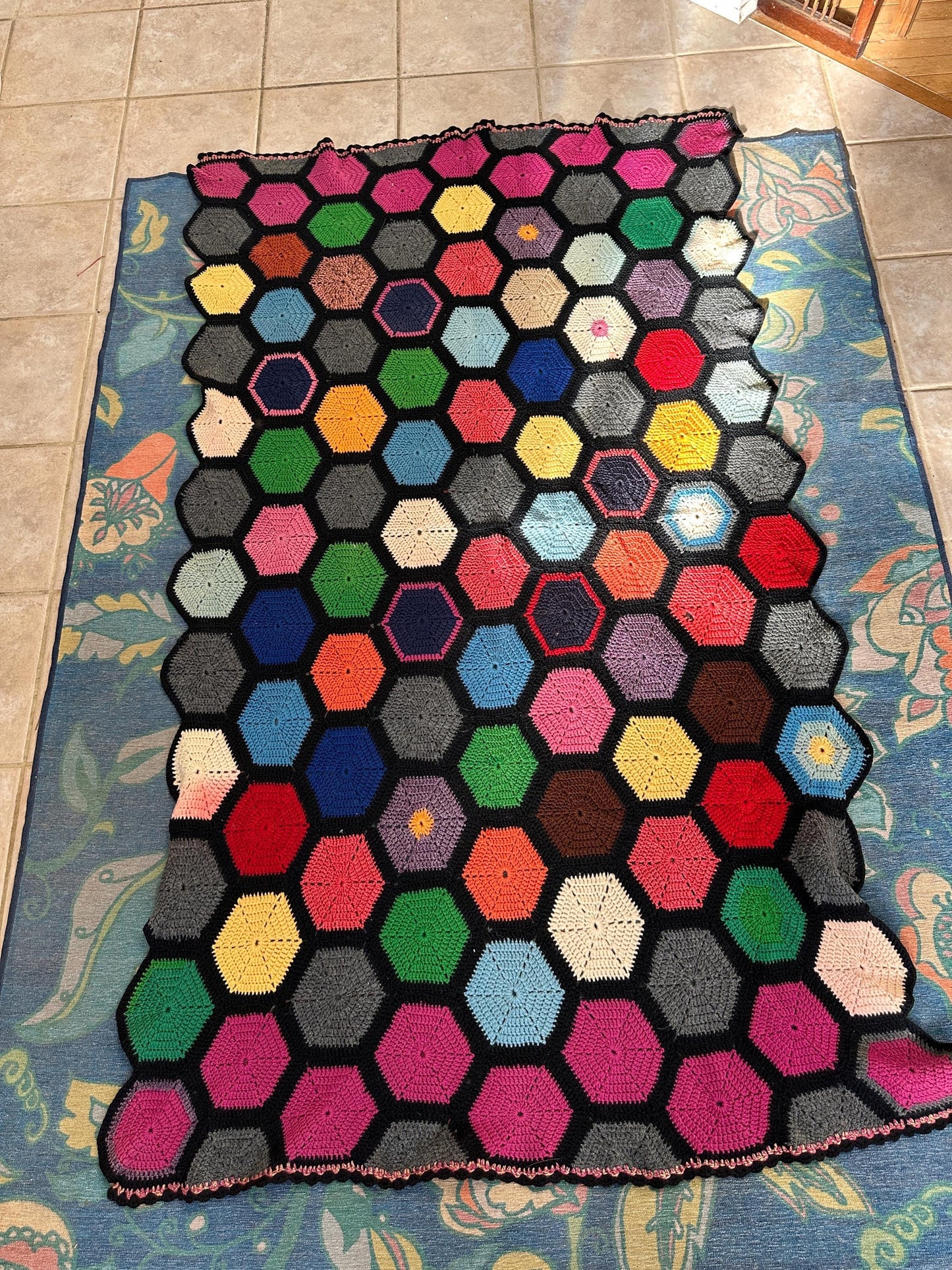 Vintage Crochet Afghan | Handmade Geometric Hexagon Throw Blanket