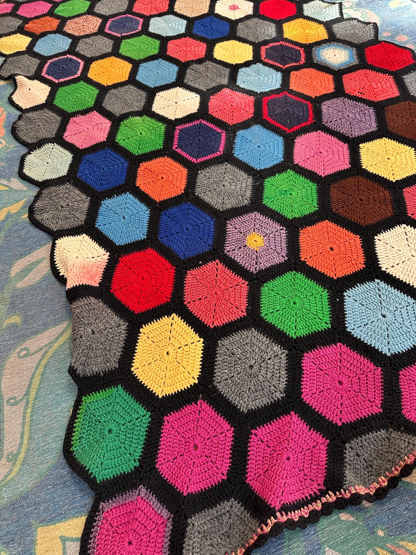 Vintage Crochet Afghan | Handmade Geometric Hexagon Throw Blanket