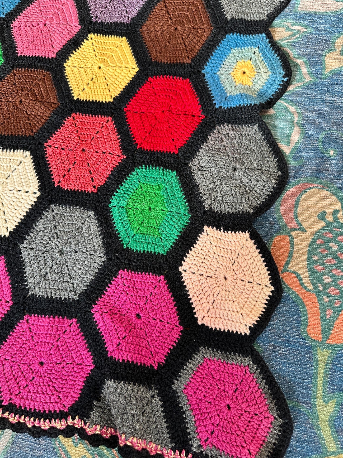 Vintage Crochet Afghan | Handmade Geometric Hexagon Throw Blanket
