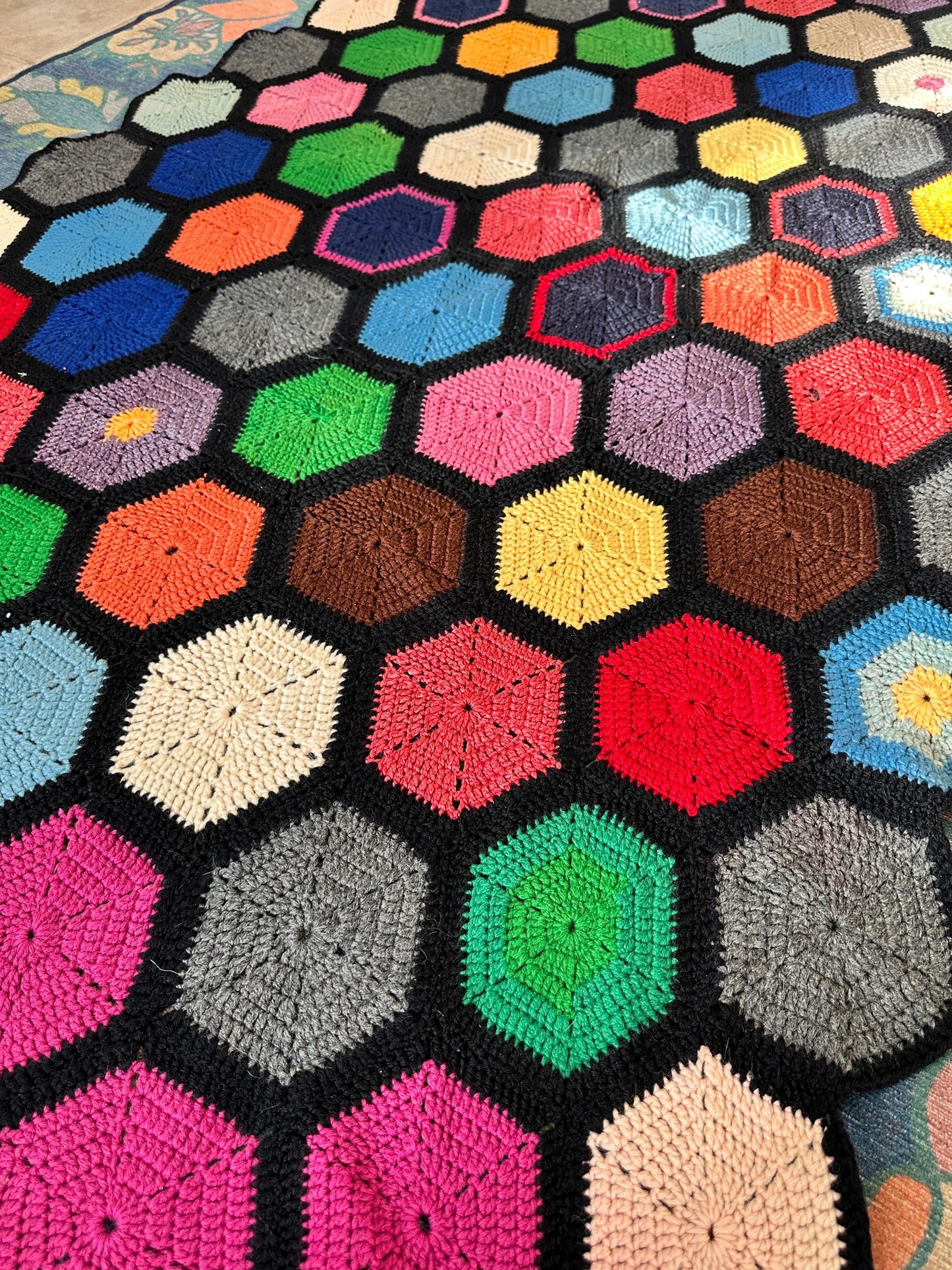 Vintage Crochet Afghan | Handmade Geometric Hexagon Throw Blanket