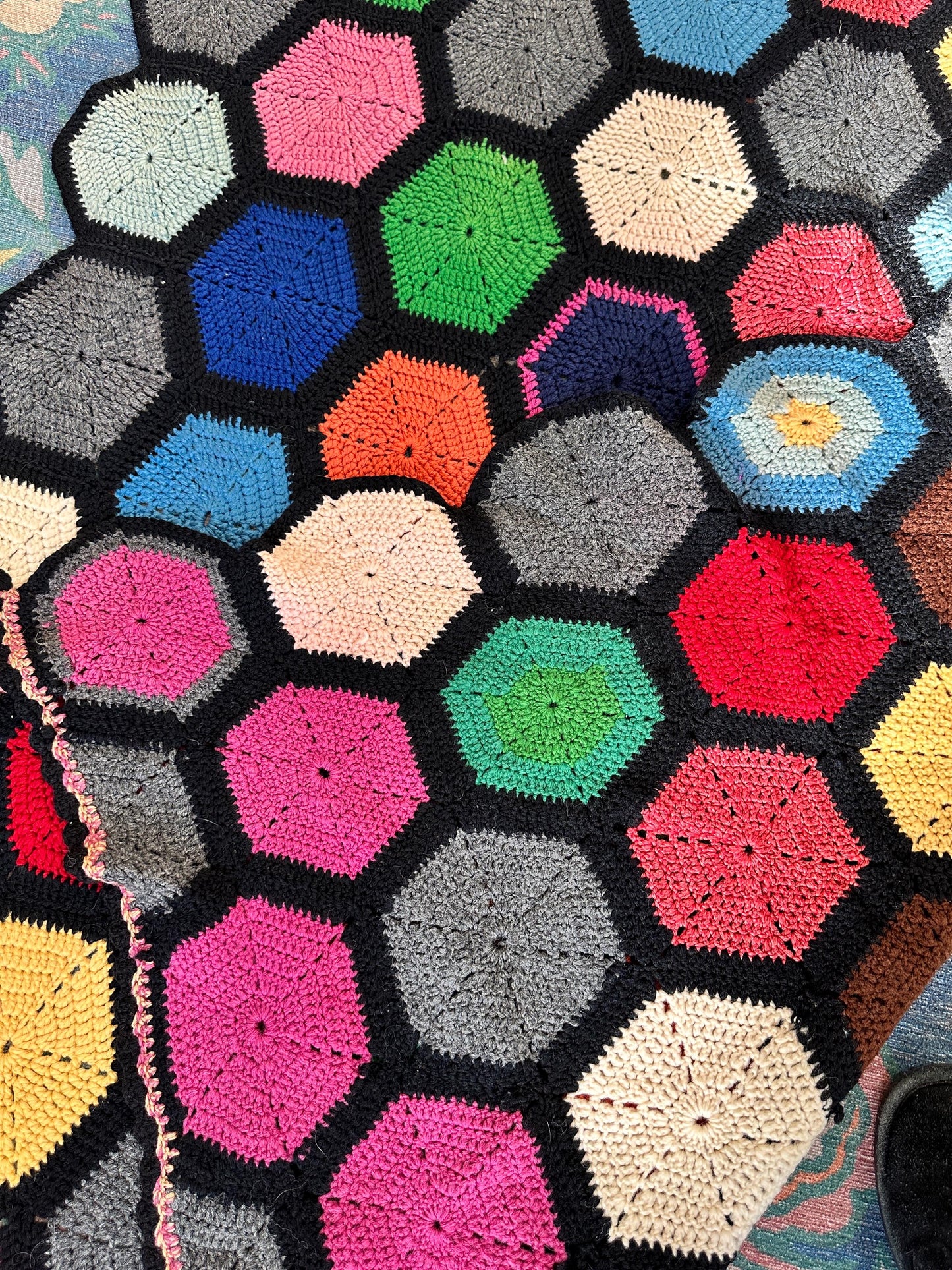 Vintage Crochet Afghan | Handmade Geometric Hexagon Throw Blanket