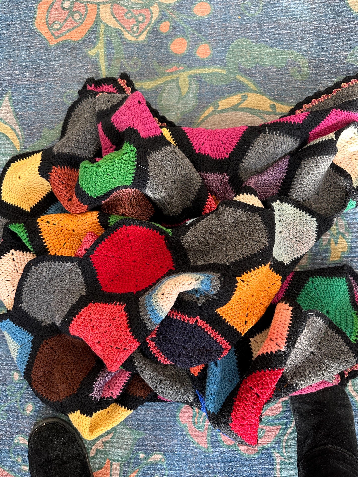 Vintage Crochet Afghan | Handmade Geometric Hexagon Throw Blanket