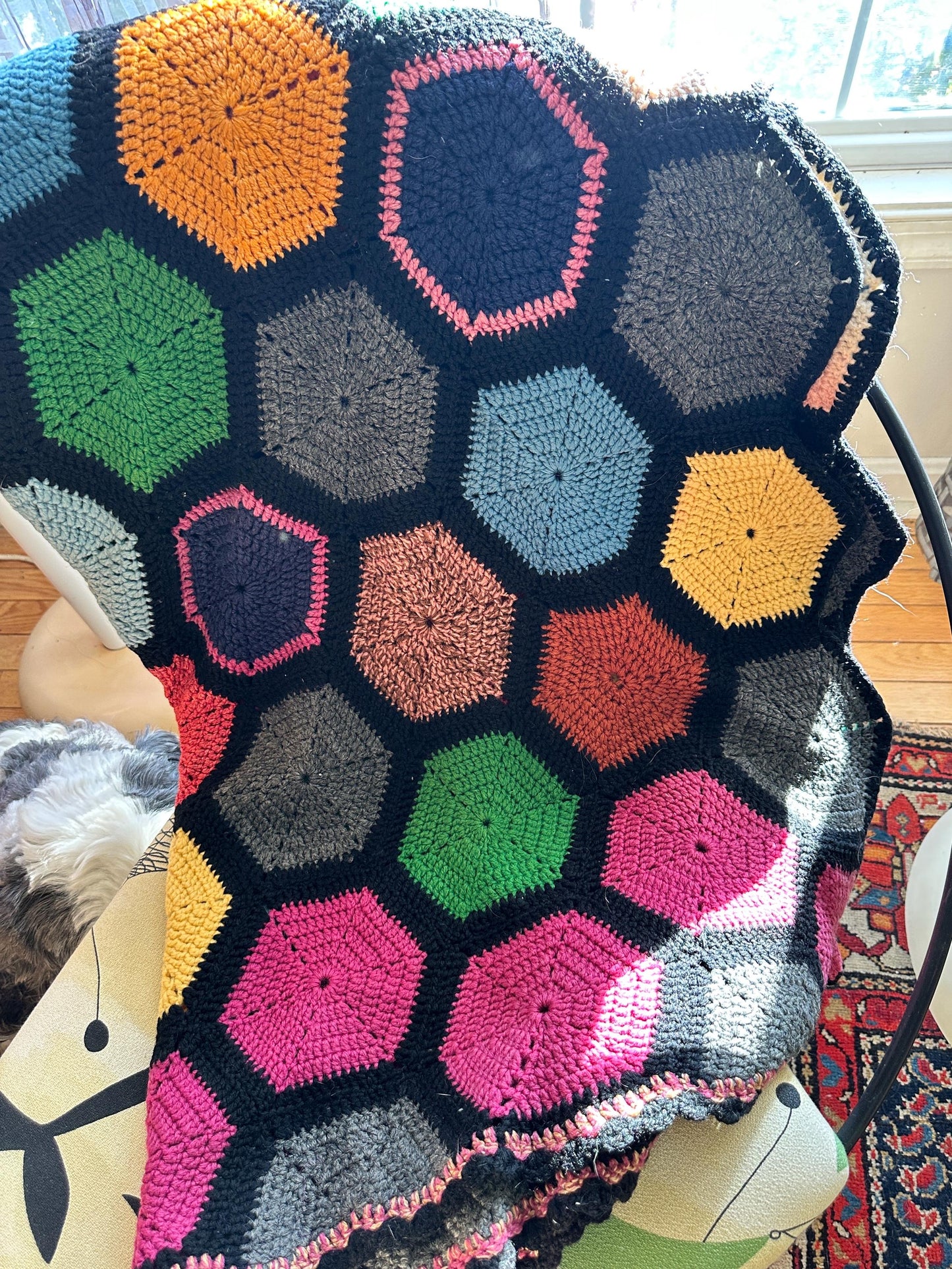 Vintage Crochet Afghan | Handmade Geometric Hexagon Throw Blanket
