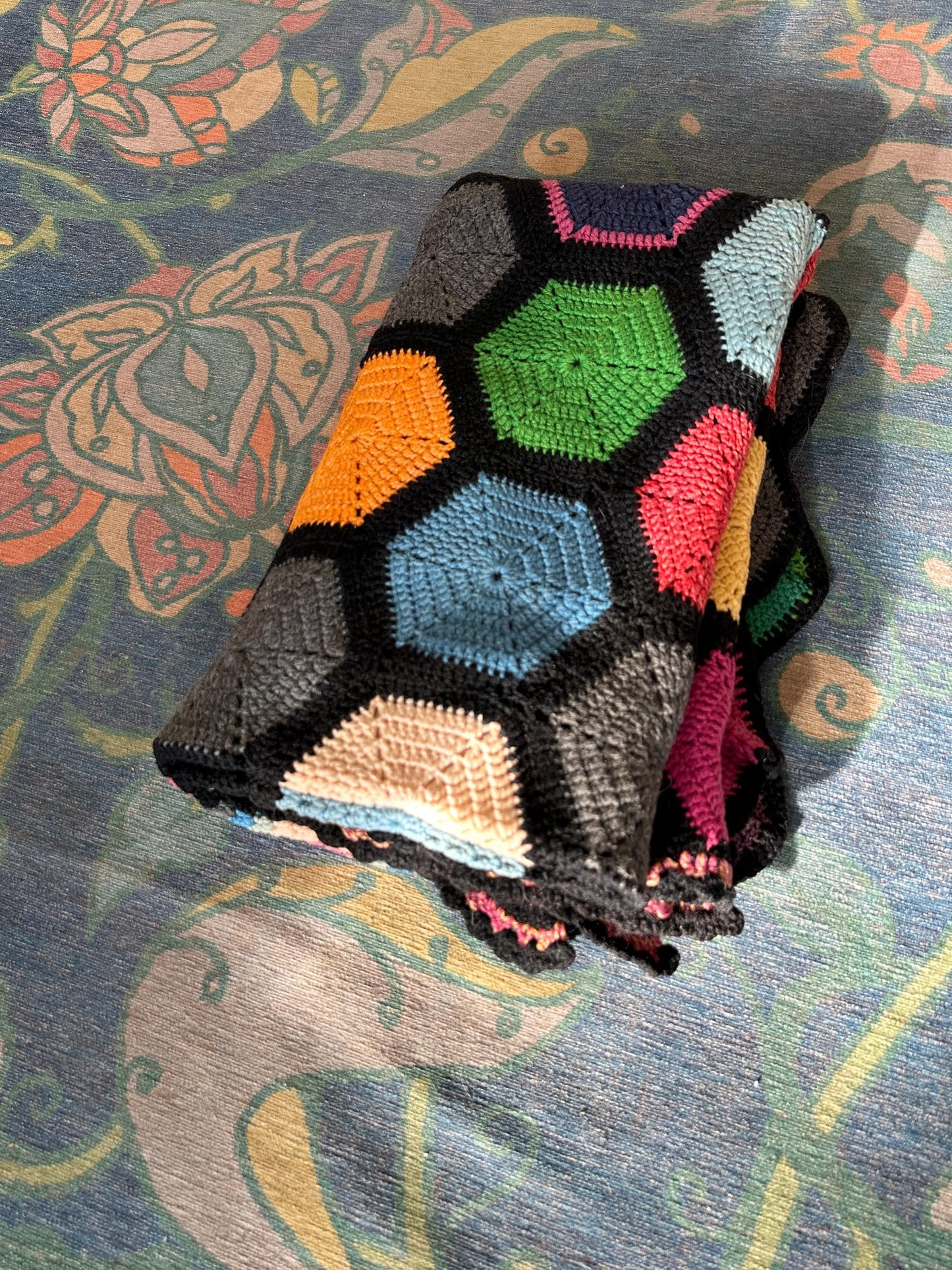 Vintage Crochet Afghan | Handmade Geometric Hexagon Throw Blanket