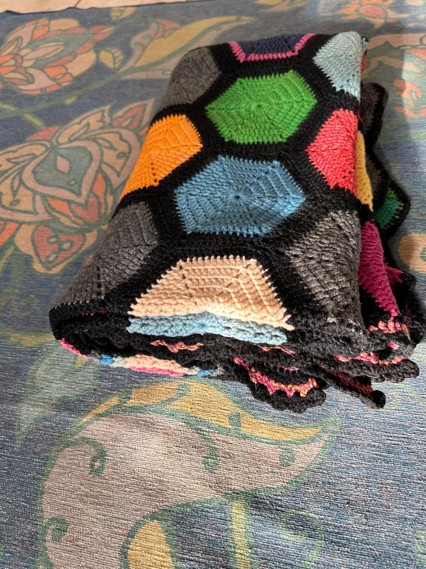 Vintage Crochet Afghan | Handmade Geometric Hexagon Throw Blanket