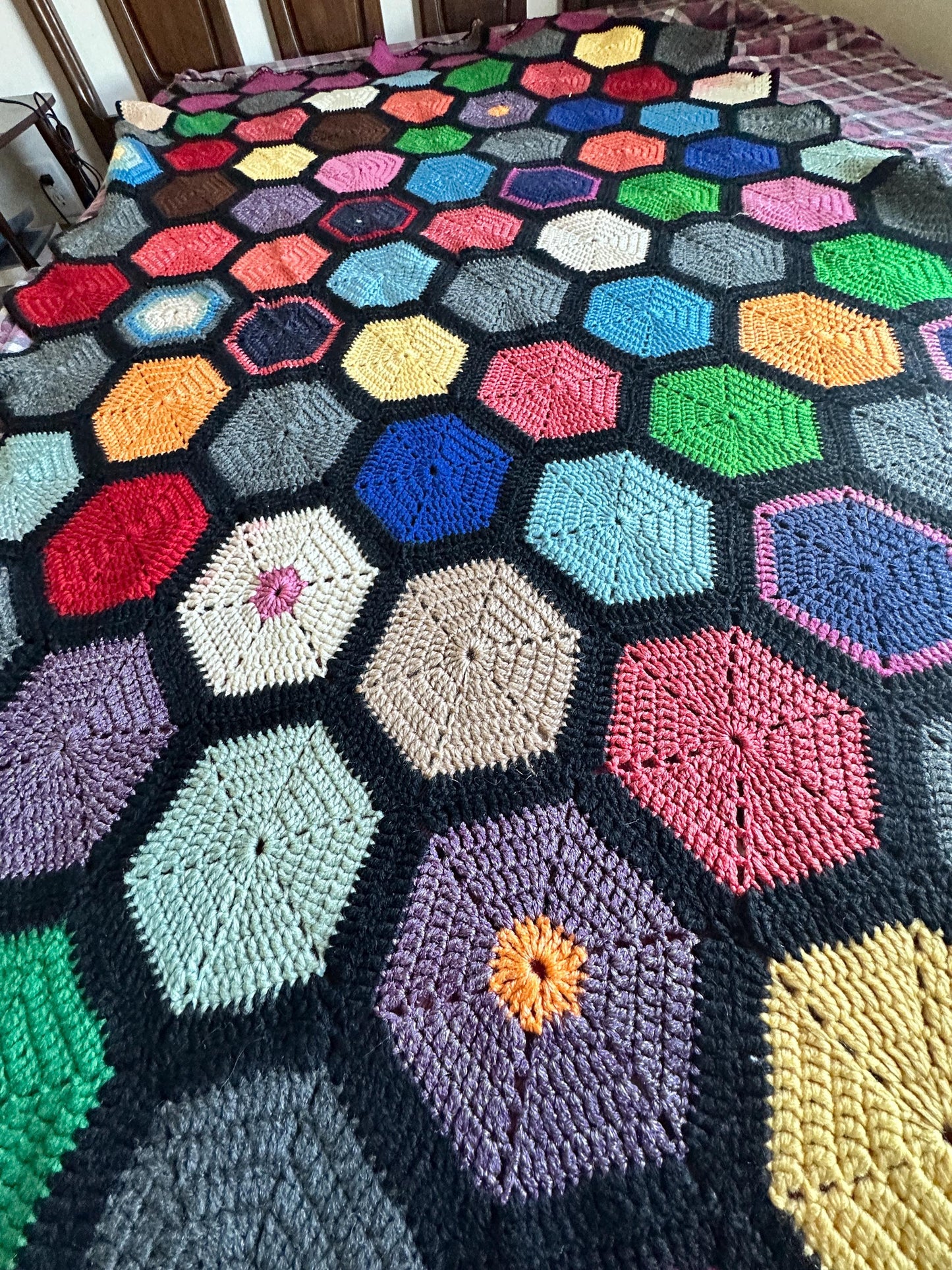 Vintage Crochet Afghan | Handmade Geometric Hexagon Throw Blanket