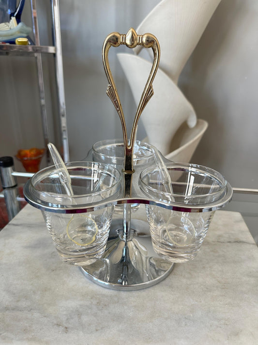 Vintage Kromex Condiment Caddy | Rotating Chrome Server | 3 Glass Jars | Mid Century Modern Barware