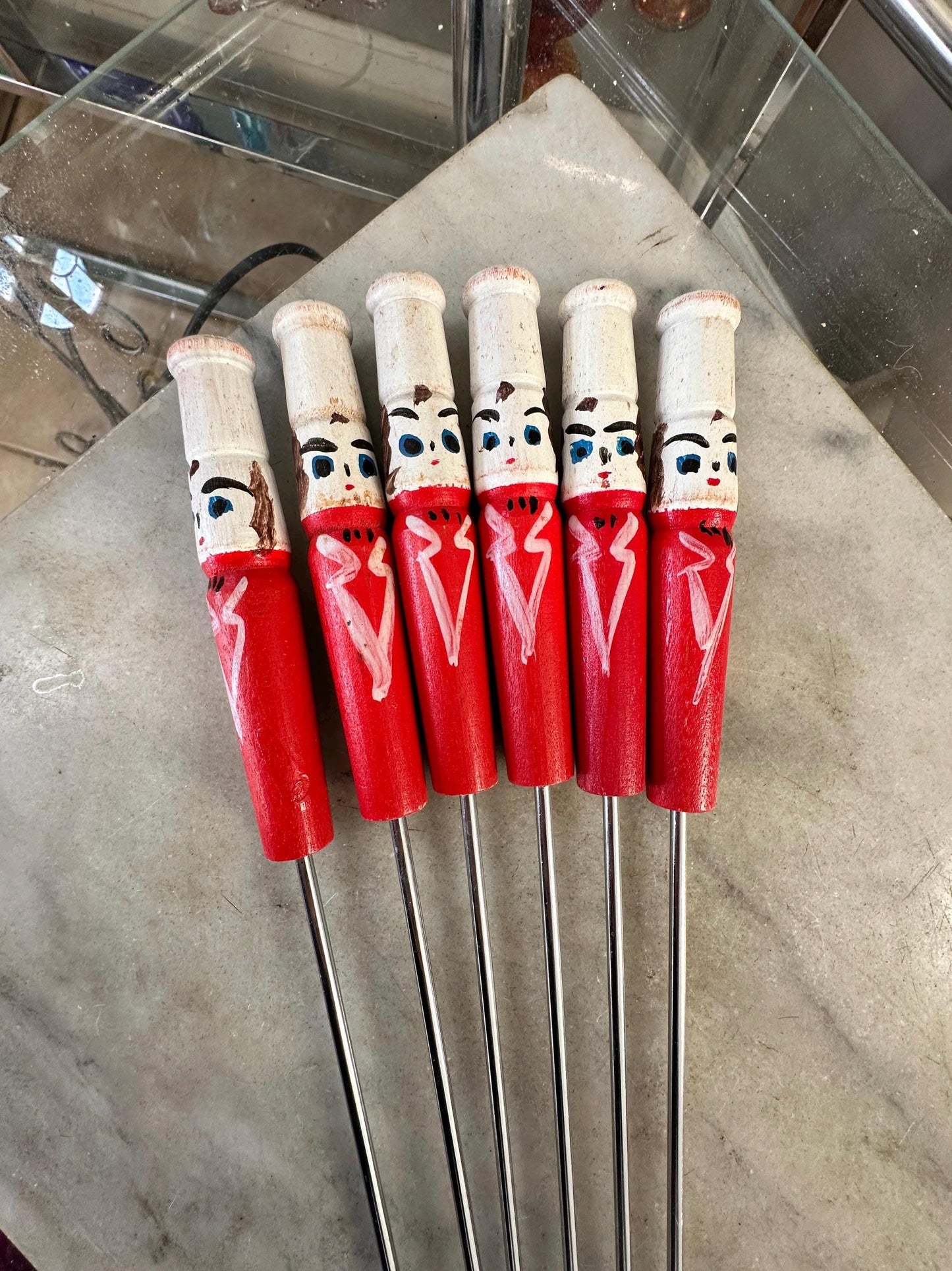 Mid Century Vintage BBQ Skewers | Hand Painted Chef Handles | Kabob & Hot Dog Sticks | Campfire Roasting Set