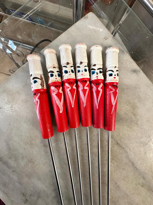 Mid Century Vintage BBQ Skewers | Hand Painted Chef Handles | Kabob & Hot Dog Sticks | Campfire Roasting Set