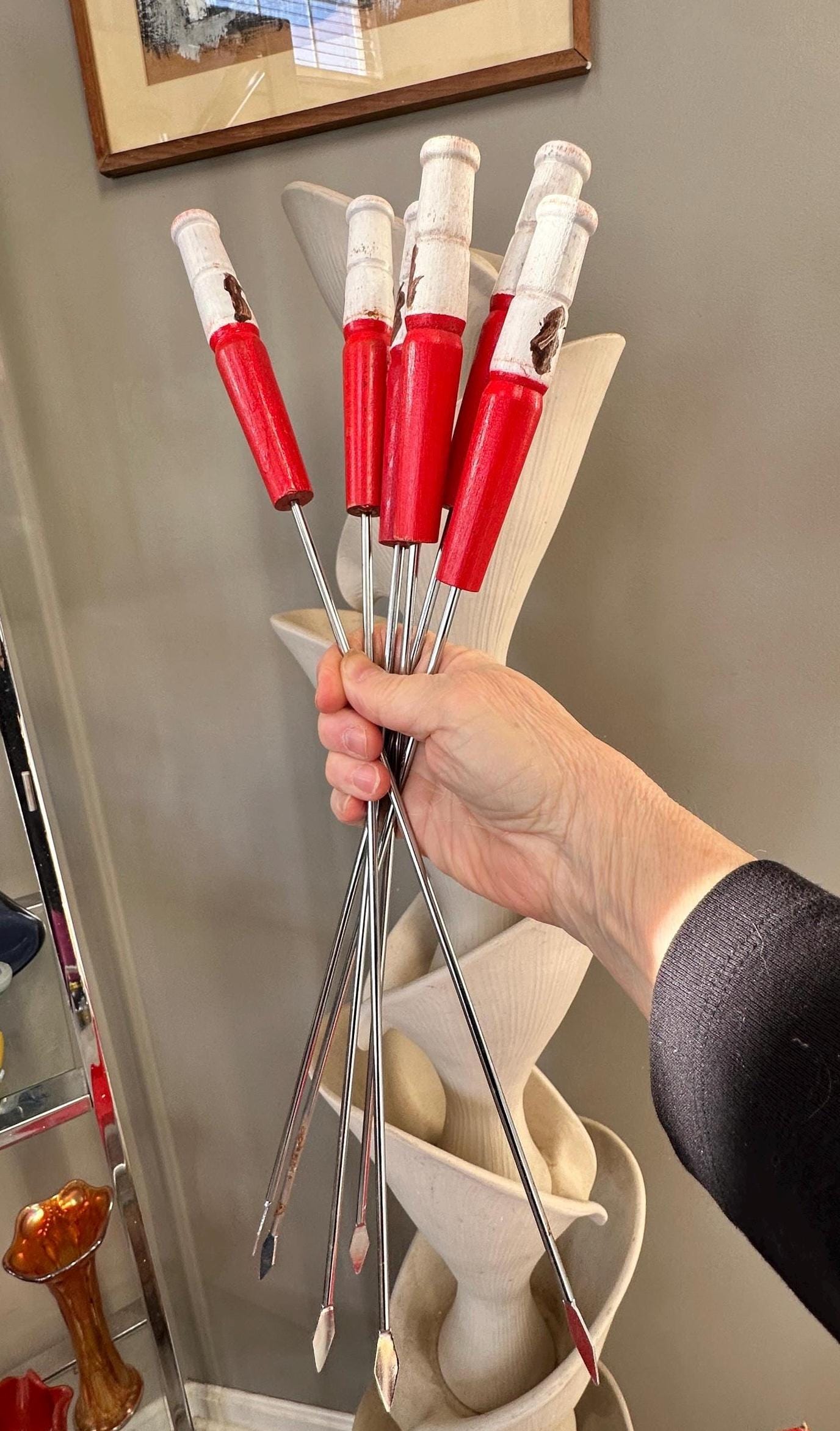 Mid Century Vintage BBQ Skewers | Hand Painted Chef Handles | Kabob & Hot Dog Sticks | Campfire Roasting Set