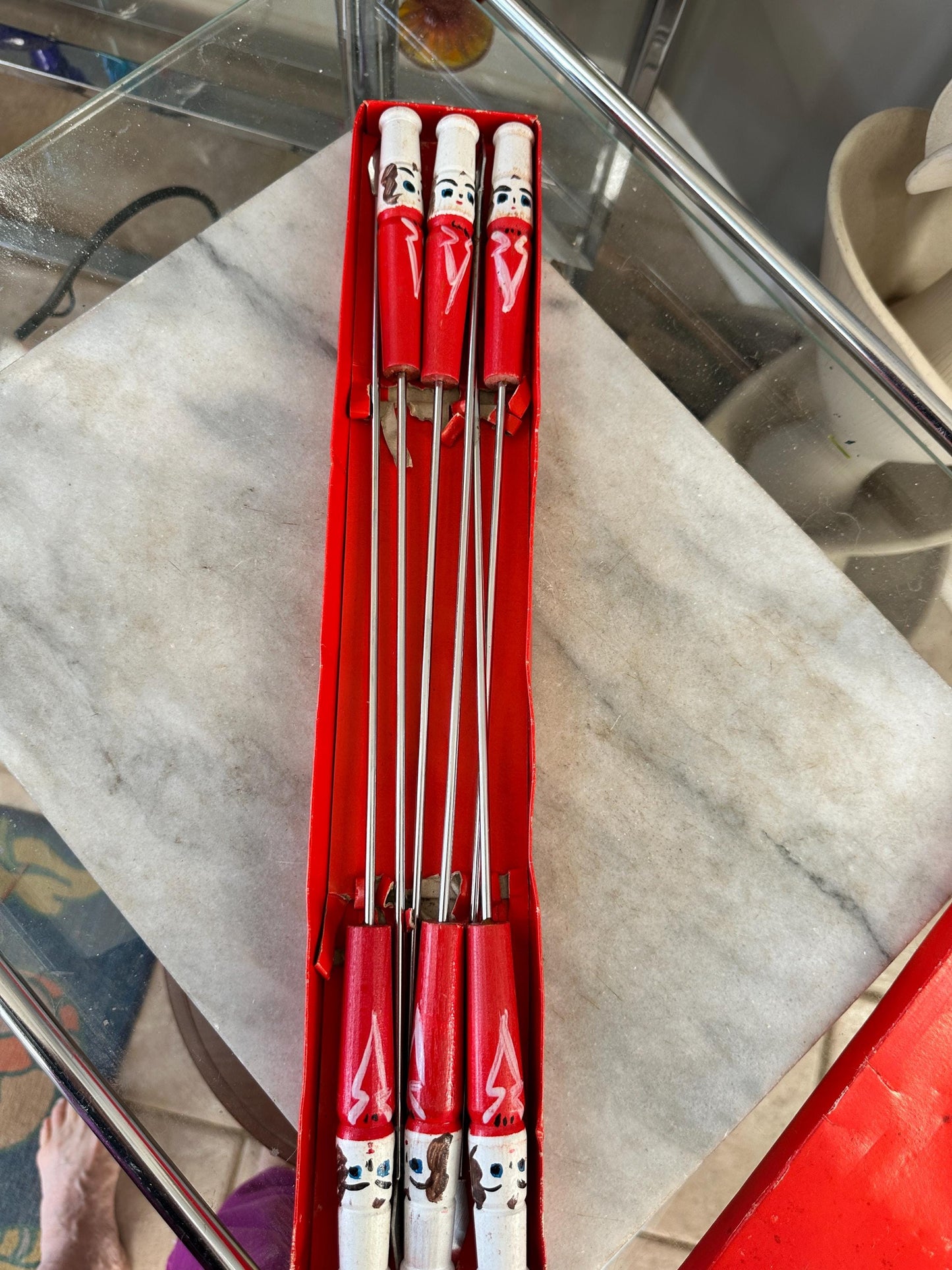 Mid Century Vintage BBQ Skewers | Hand Painted Chef Handles | Kabob & Hot Dog Sticks | Campfire Roasting Set