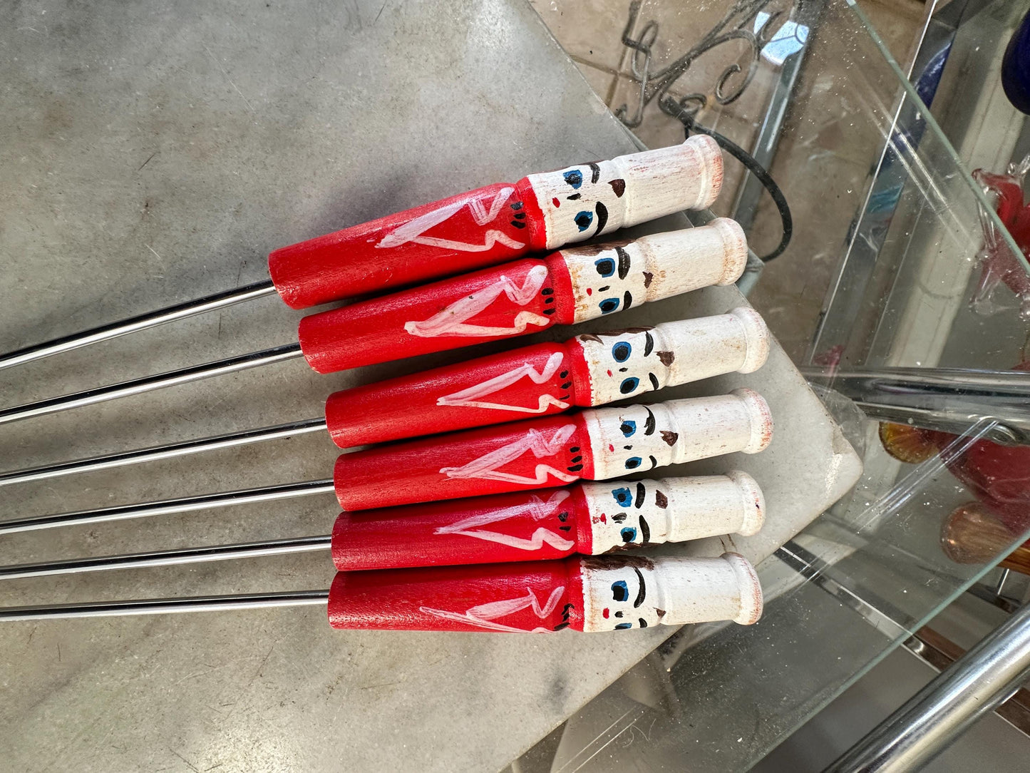 Mid Century Vintage BBQ Skewers | Hand Painted Chef Handles | Kabob & Hot Dog Sticks | Campfire Roasting Set