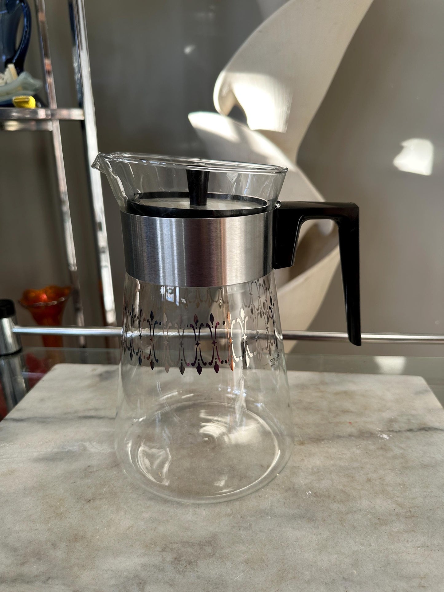 Vintage 1960s Pyrex Coffee Carafe | Mid-Century Modern Silver Band