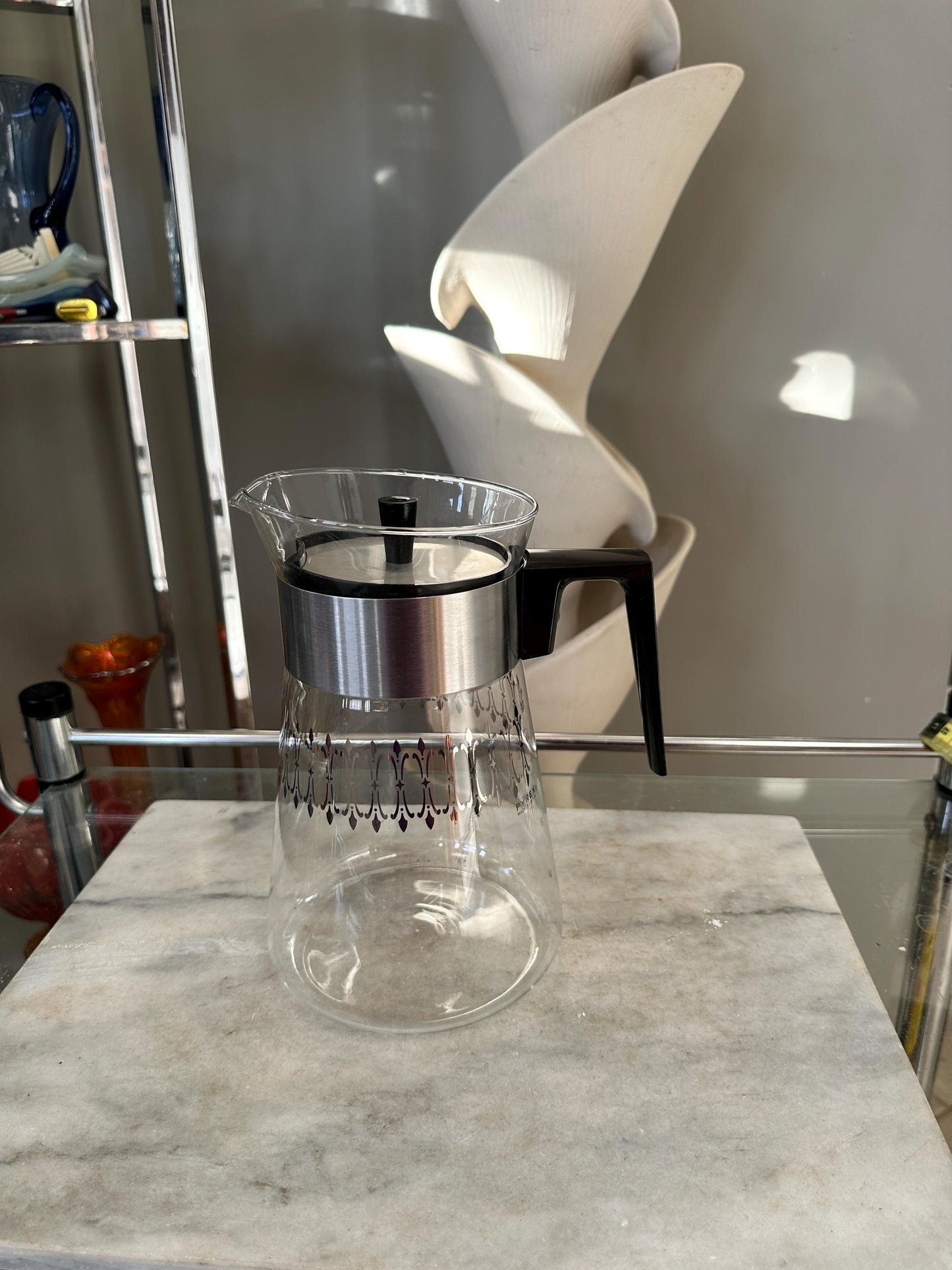 Vintage 1960s Pyrex Coffee Carafe | Mid-Century Modern Silver Band