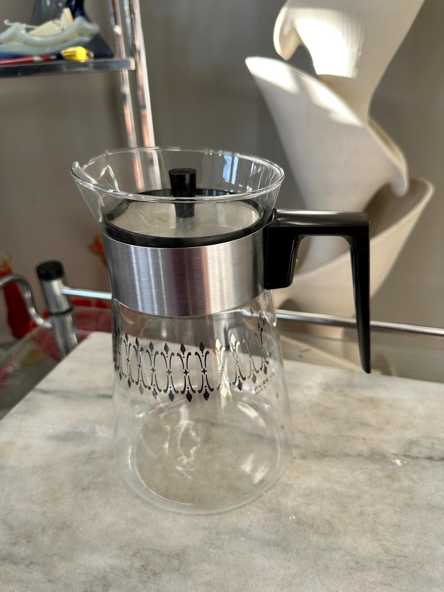 Vintage 1960s Pyrex Coffee Carafe | Mid-Century Modern Silver Band