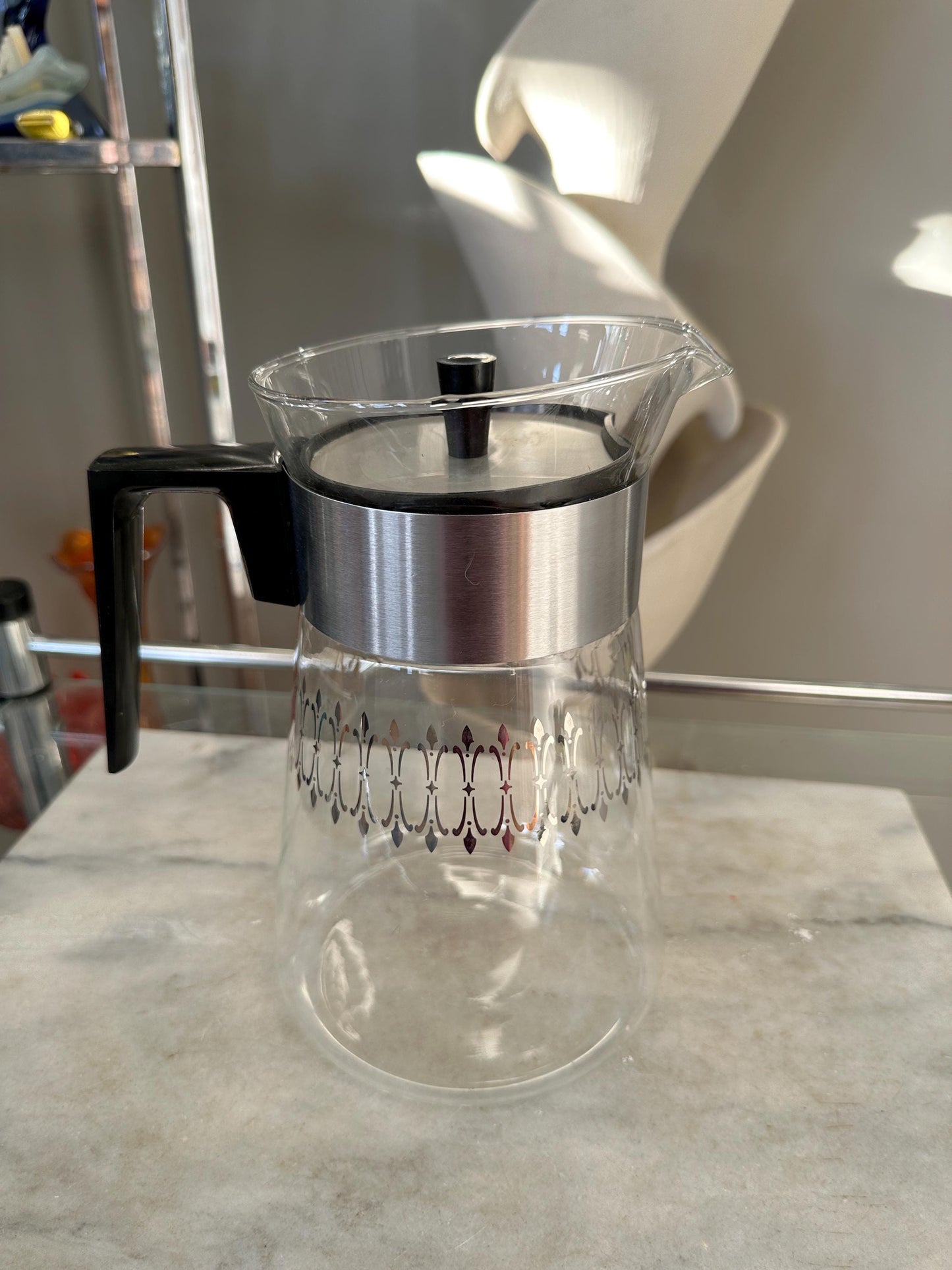 Vintage 1960s Pyrex Coffee Carafe | Mid-Century Modern Silver Band