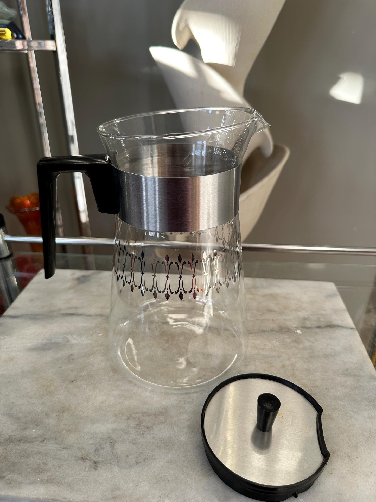 Vintage 1960s Pyrex Coffee Carafe | Mid-Century Modern Silver Band