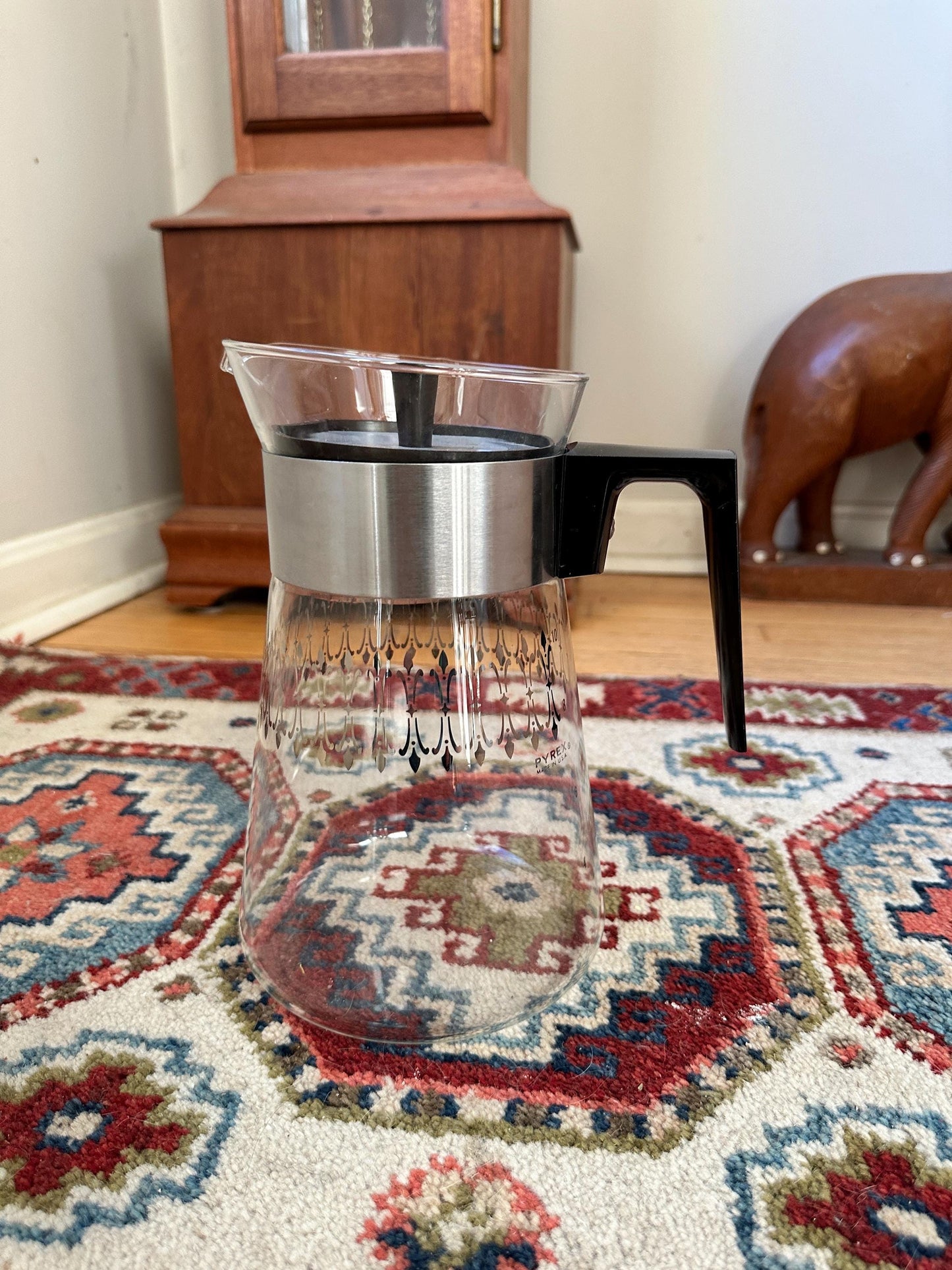 Vintage 1960s Pyrex Coffee Carafe | Mid-Century Modern Silver Band