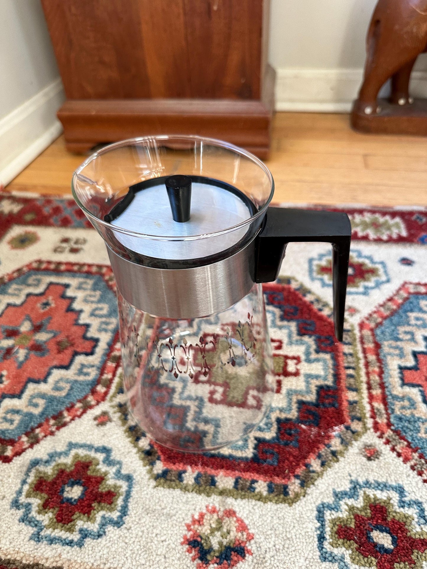 Vintage 1960s Pyrex Coffee Carafe | Mid-Century Modern Silver Band