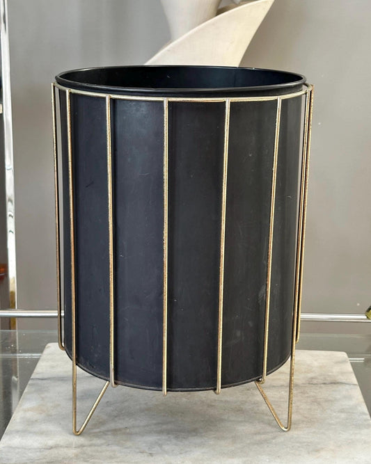 Vintage Atomic Wastebasket | Black Metal & Brass Office Decor