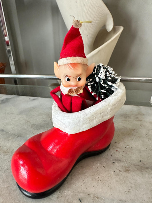 Vintage Japan Felt Elf in Ceramic Boot – Kitschy Christmas Decoration