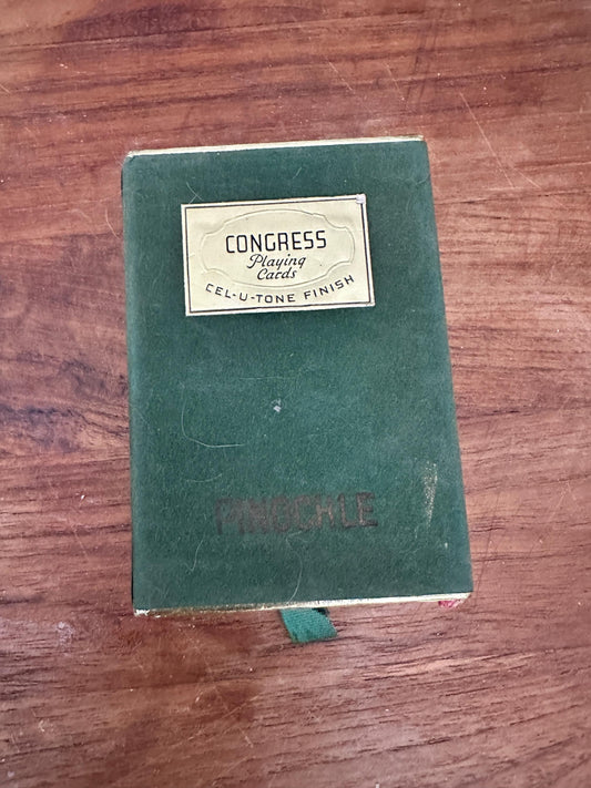 Vintage Congress Pinochle Cards, Cel-U-Tone Finish, Green Velvet Case