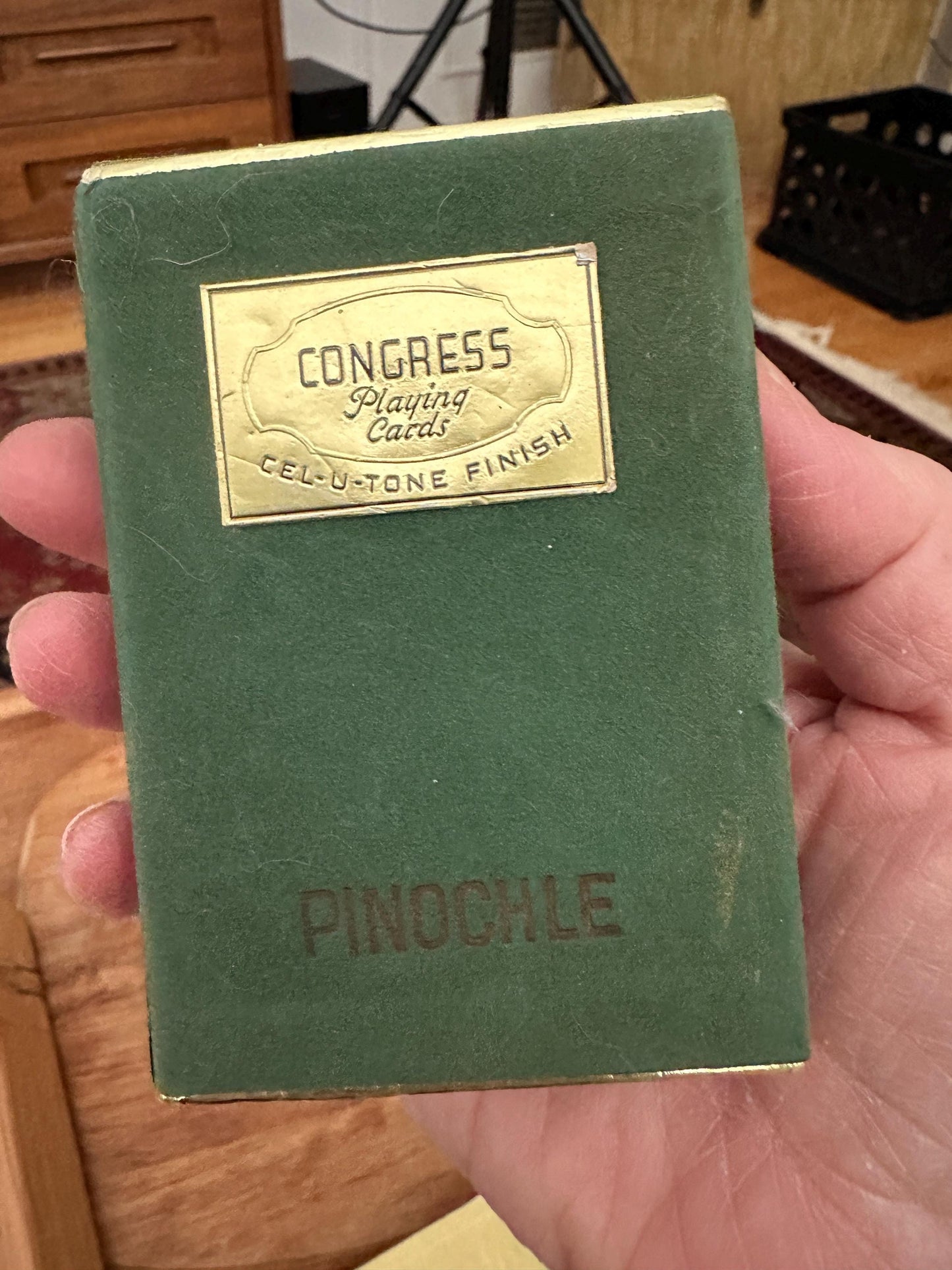 Vintage Congress Pinochle Cards, Cel-U-Tone Finish, Green Velvet Case