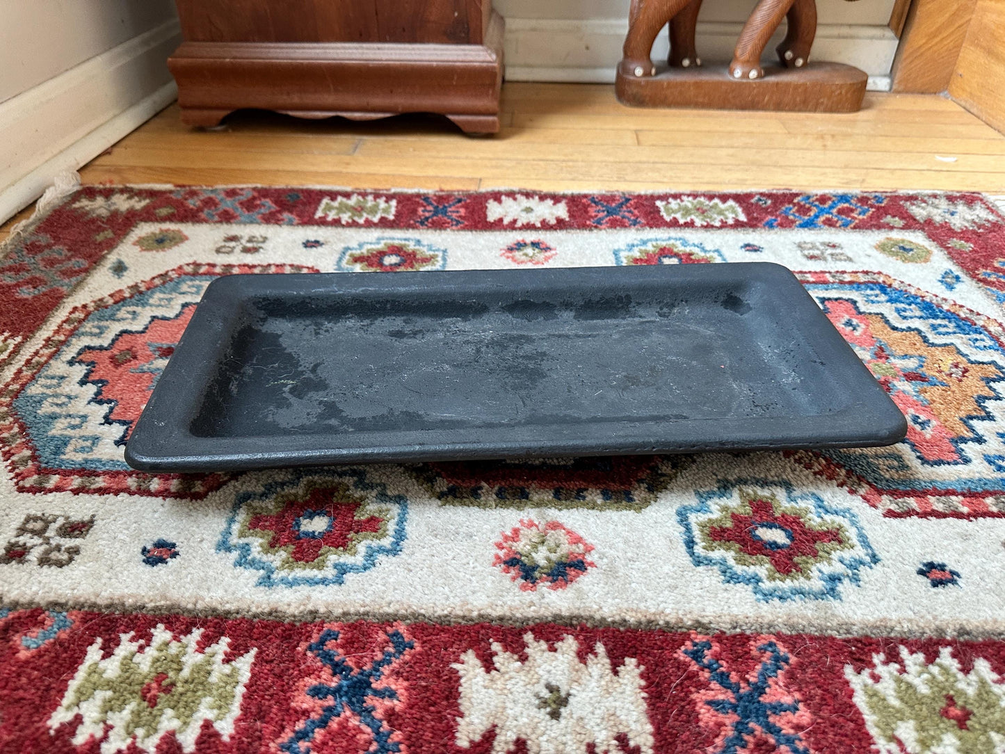 Rustic Black Wooden Tray – Farmhouse Dough Board, Early 20th Century