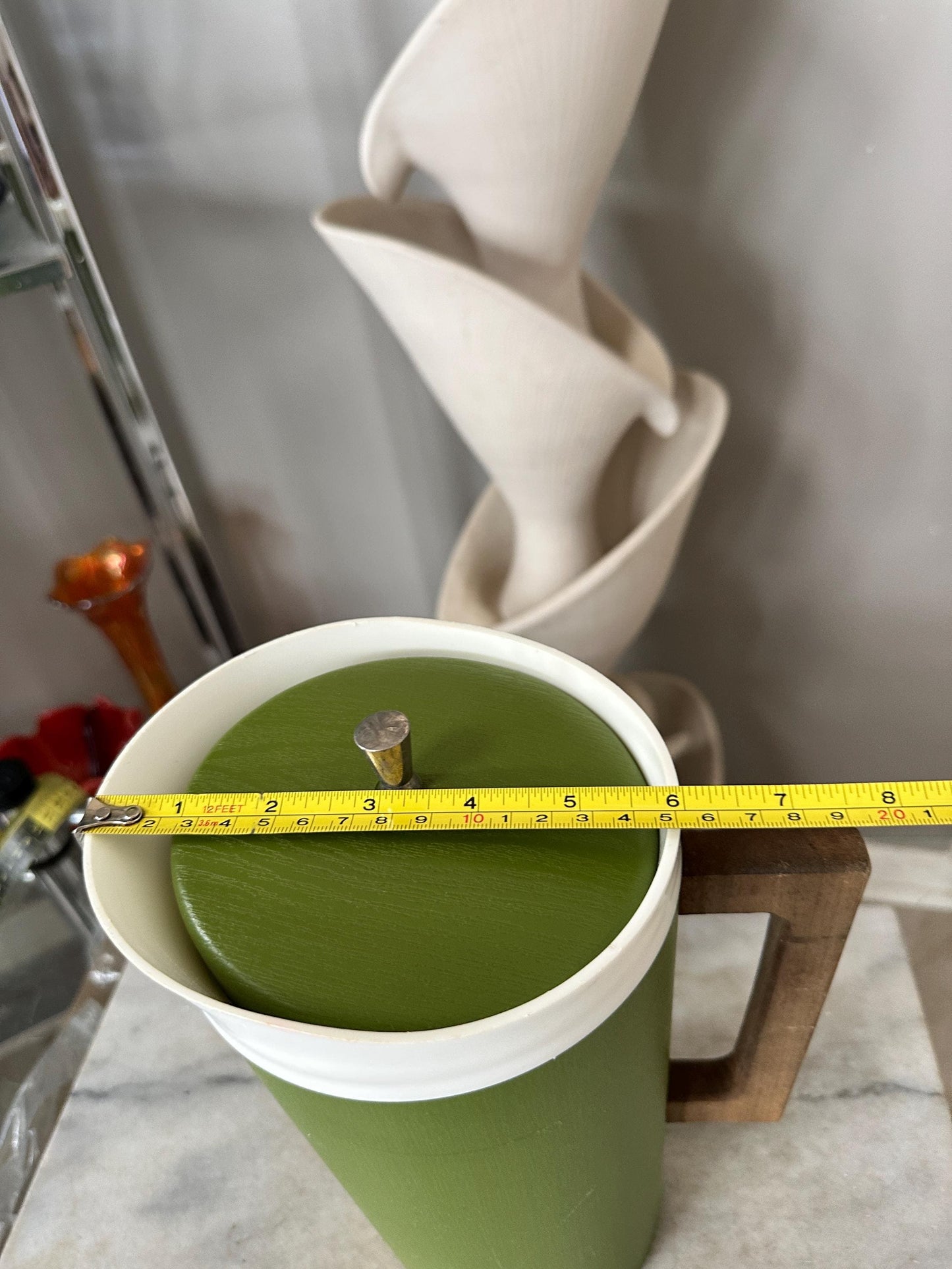 Vintage Avocado Green Pitcher – MCM Kitchenware with Wooden Handle