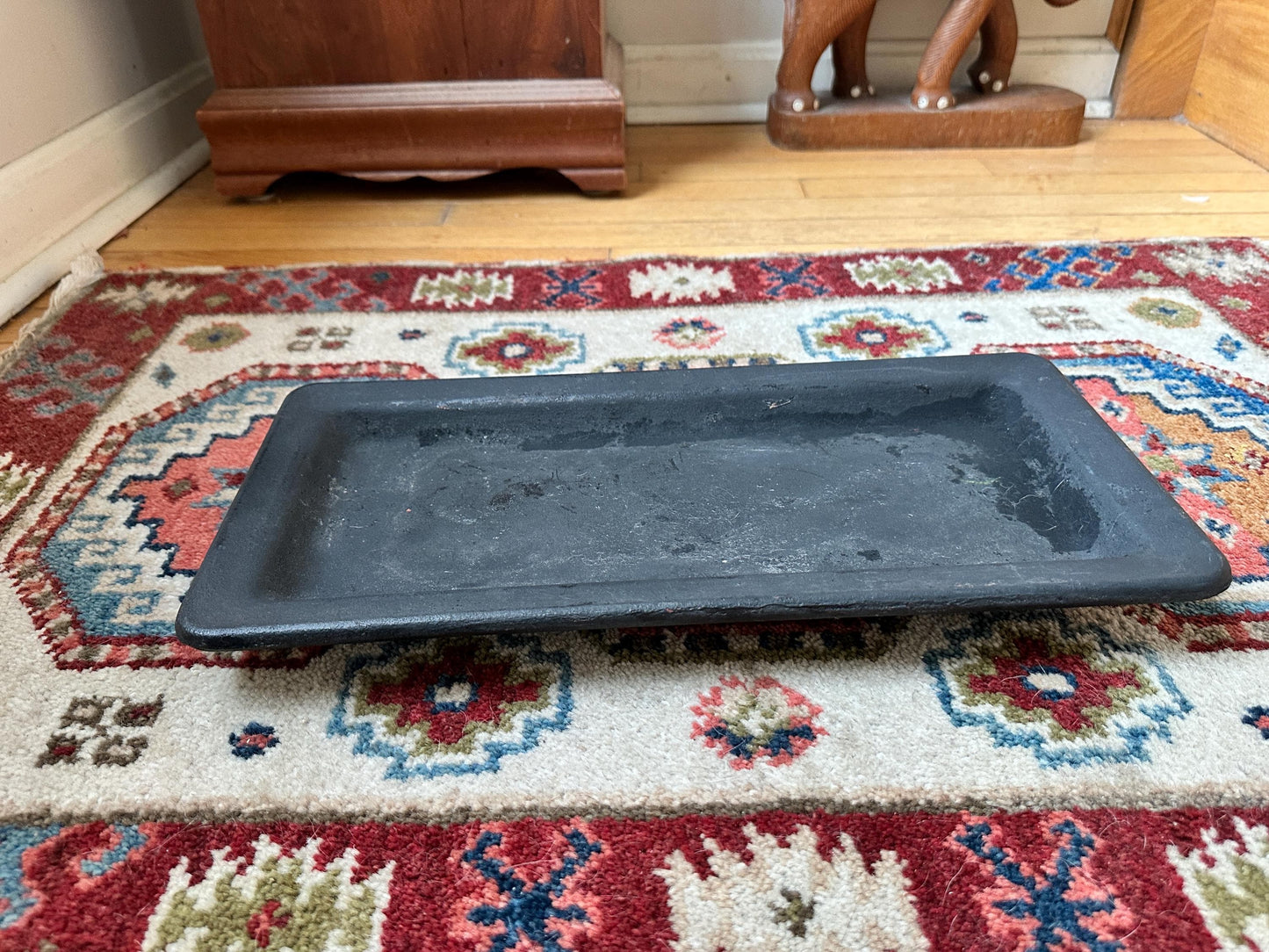 Rustic Black Wooden Tray – Farmhouse Dough Board, Early 20th Century