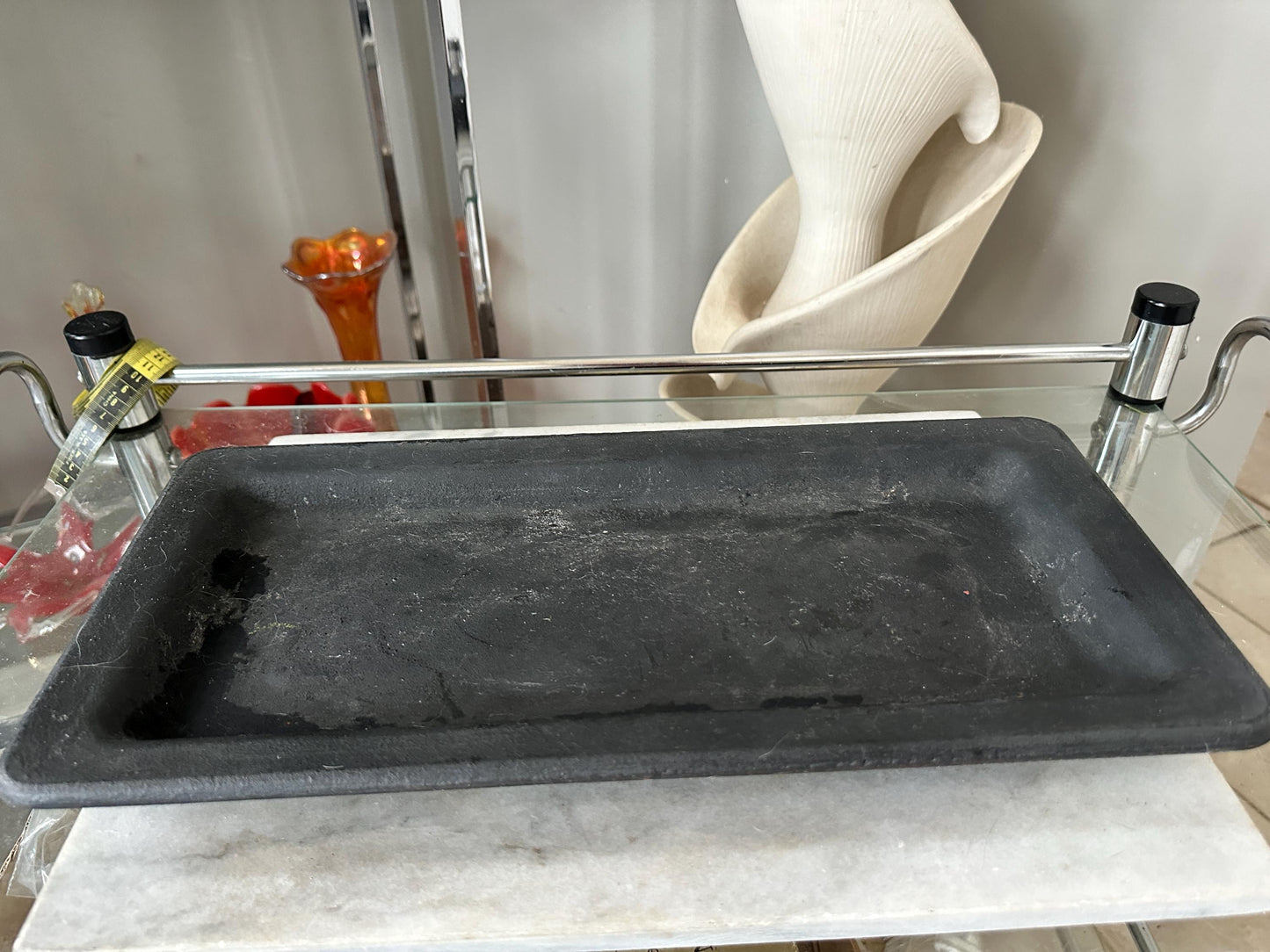 Rustic Black Wooden Tray – Farmhouse Dough Board, Early 20th Century