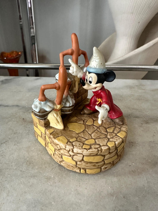 Disney Sorcerer Apprentice Music Box – Fantasia Mickey Mouse & Brooms – Ceramic – 3.5” Tall – Made in Taiwan – Vintage 1980's