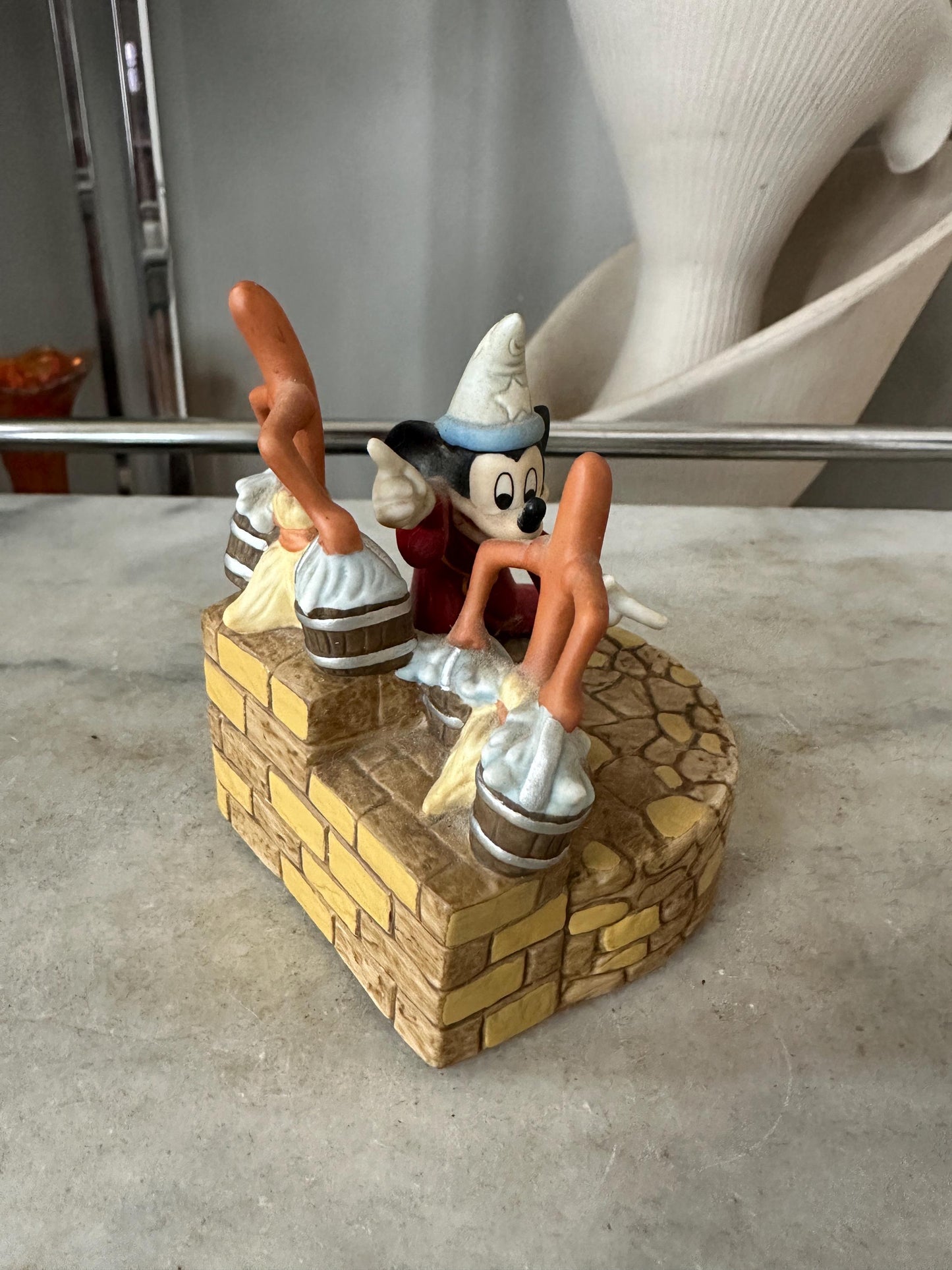 Disney Sorcerer Apprentice Music Box – Fantasia Mickey Mouse & Brooms – Ceramic – 3.5” Tall – Made in Taiwan – Vintage 1980's