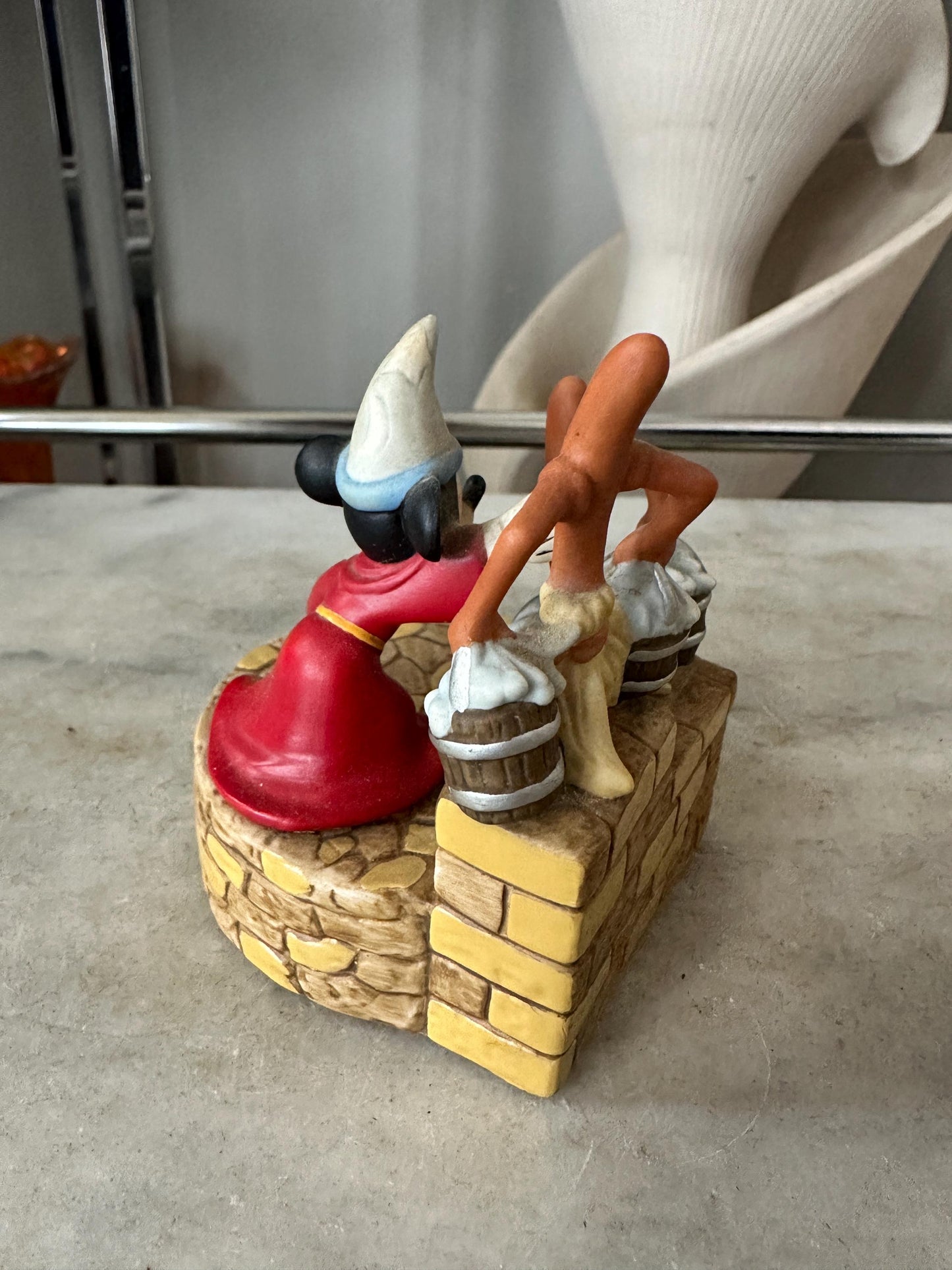Disney Sorcerer Apprentice Music Box – Fantasia Mickey Mouse & Brooms – Ceramic – 3.5” Tall – Made in Taiwan – Vintage 1980's