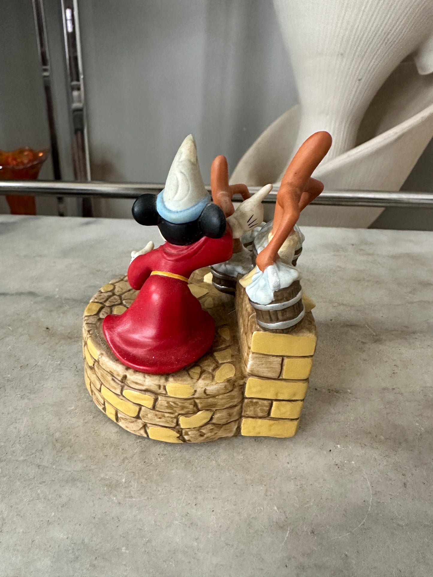 Disney Sorcerer Apprentice Music Box – Fantasia Mickey Mouse & Brooms – Ceramic – 3.5” Tall – Made in Taiwan – Vintage 1980's