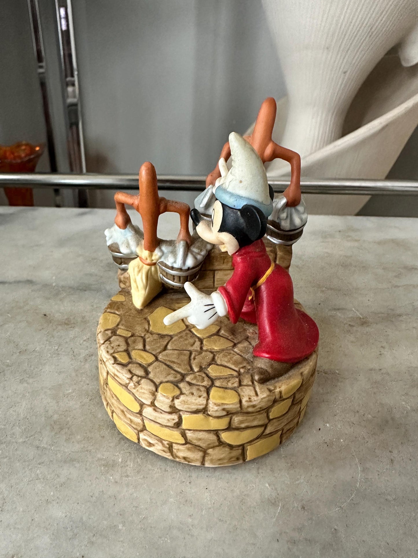 Disney Sorcerer Apprentice Music Box – Fantasia Mickey Mouse & Brooms – Ceramic – 3.5” Tall – Made in Taiwan – Vintage 1980's