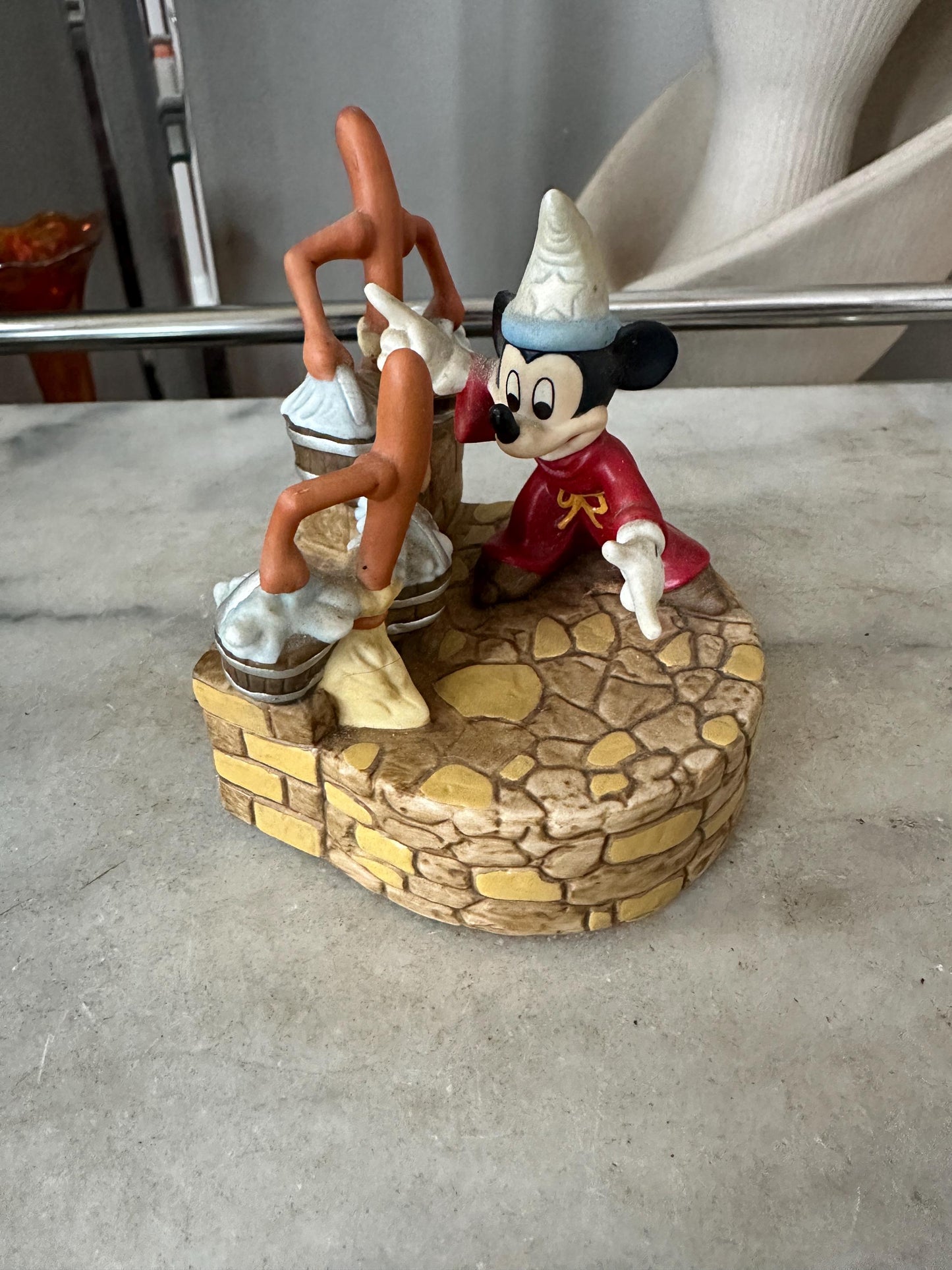 Disney Sorcerer Apprentice Music Box – Fantasia Mickey Mouse & Brooms – Ceramic – 3.5” Tall – Made in Taiwan – Vintage 1980's