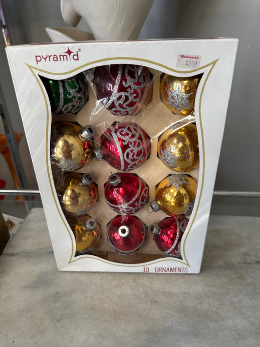 Vintage Pyramid Glass Christmas Ornaments – Stenciled Starburst & Scroll, Set of 12