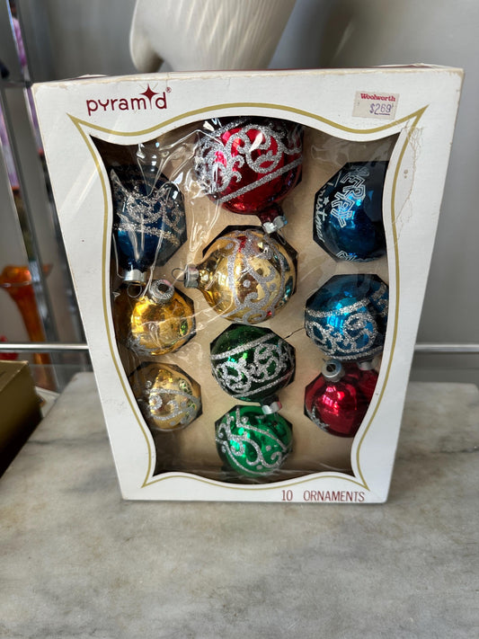 Vintage Pyramid Glass Christmas Ornaments – Stenciled, Set of 10, USA Made