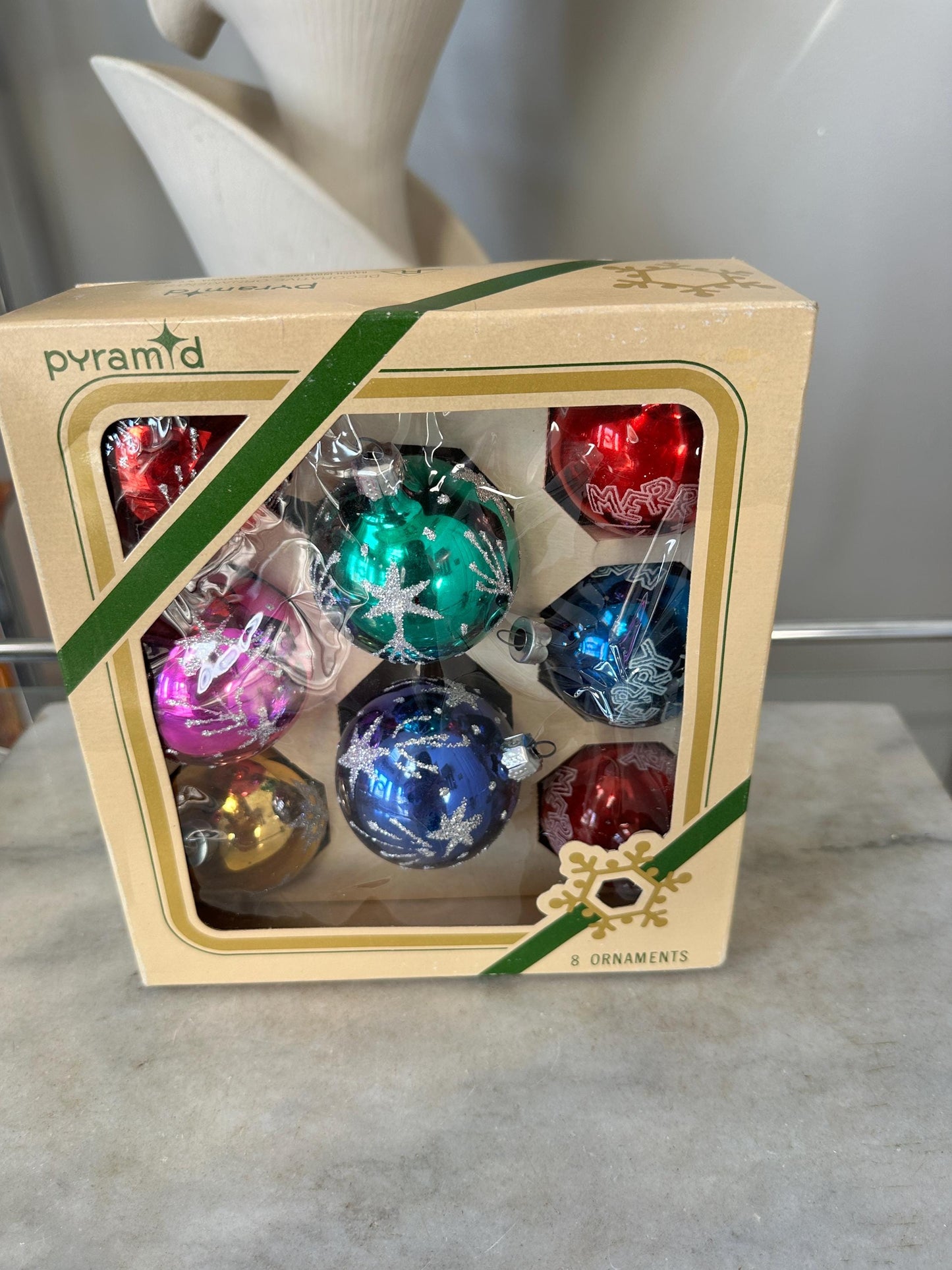 Vintage Pyramid Glass Christmas Ornaments – Starburst Set of 8, Made in USA