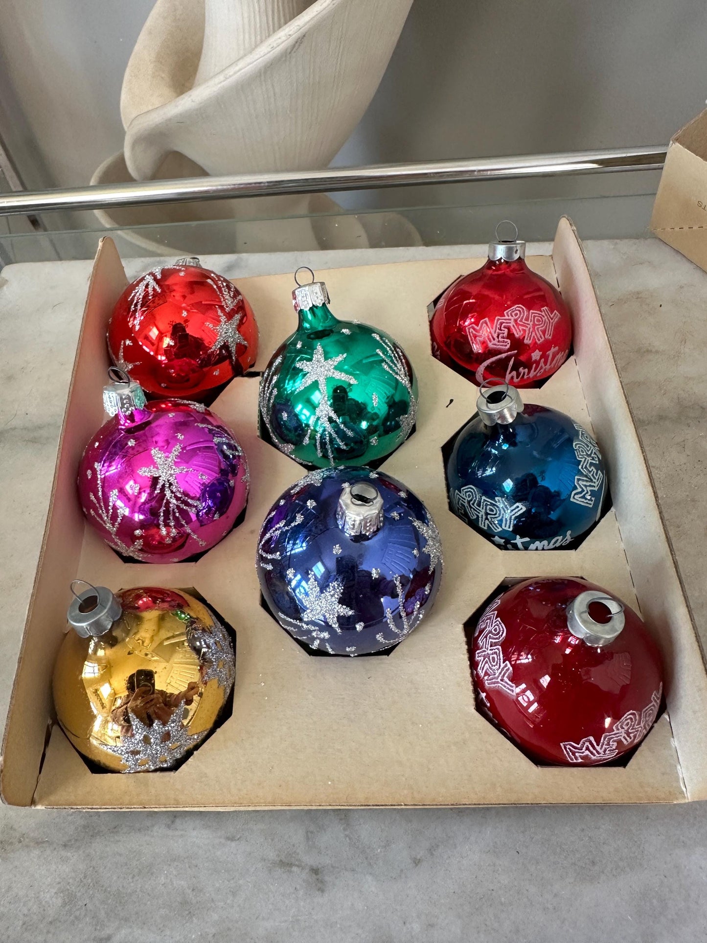 Vintage Pyramid Glass Christmas Ornaments – Starburst Set of 8, Made in USA