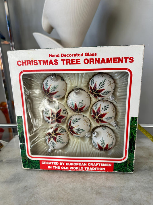 Vintage Commodore Christmas Ornaments – Frosted Poinsettia Glass Set, Romania