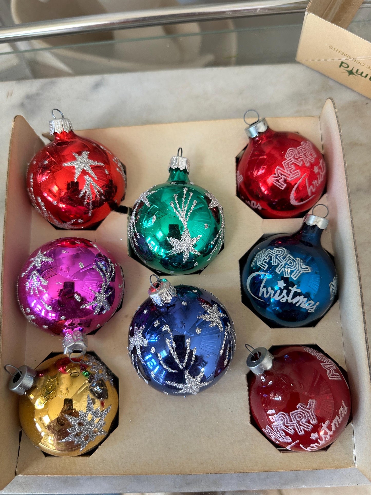 Vintage Pyramid Glass Christmas Ornaments – Starburst Set of 8, Made in USA