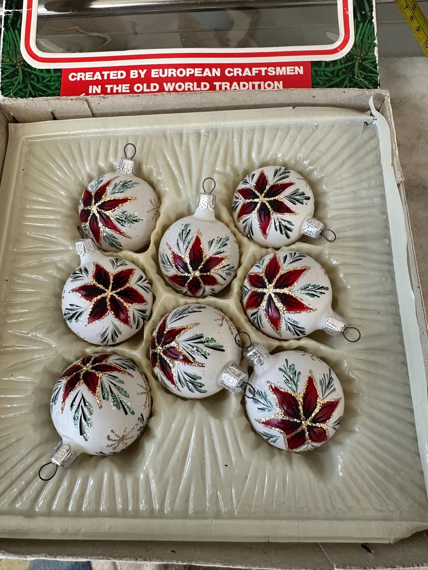 Vintage Commodore Christmas Ornaments – Frosted Poinsettia Glass Set, Romania