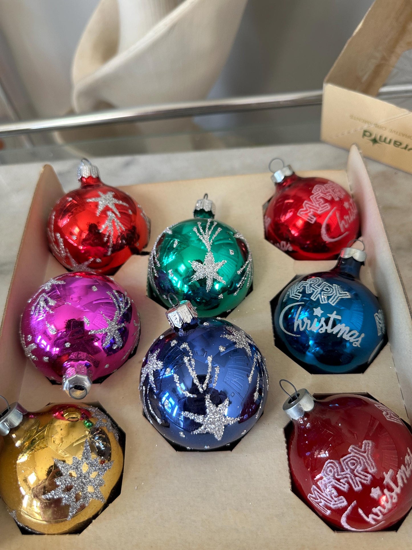 Vintage Pyramid Glass Christmas Ornaments – Starburst Set of 8, Made in USA