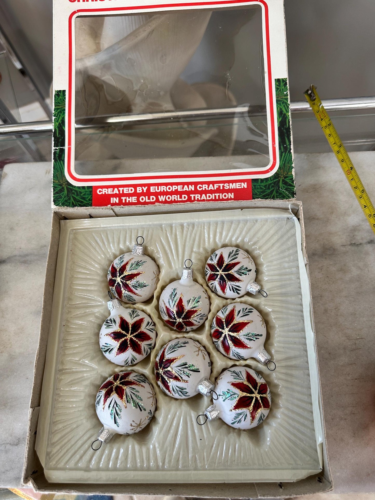 Vintage Commodore Christmas Ornaments – Frosted Poinsettia Glass Set, Romania